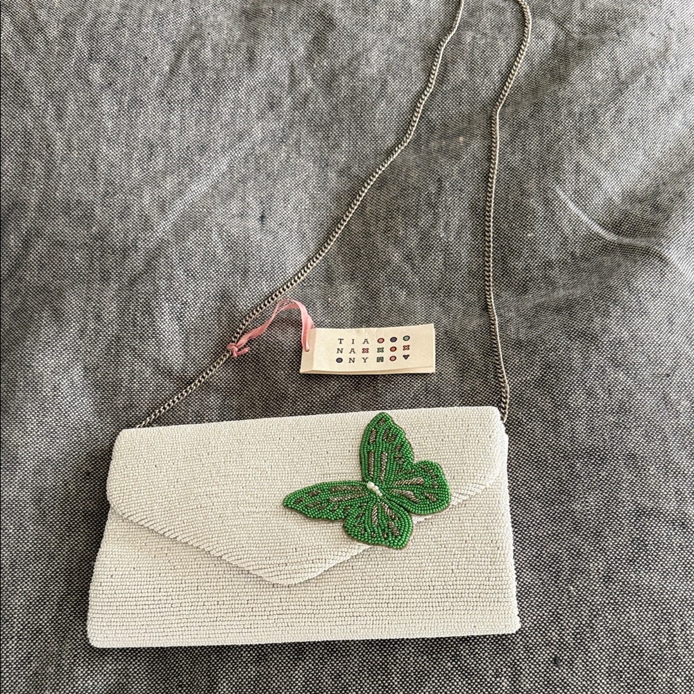 Elegant White Beaded Clutch with Green Butterfly by Tianay